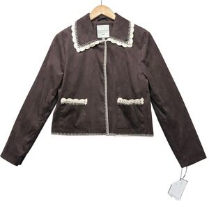 Bagatelle Collection Brown Faux Suede Crochet Trim Jacket Cottagecore Coat 85110